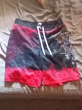Men's Red and Black Graphic Swim Trunks with Drawstring Waist